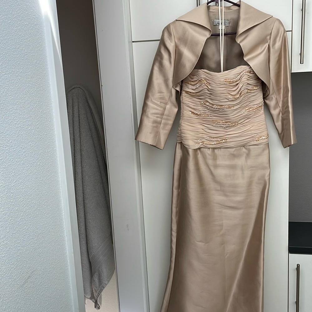 Champagne nude color silk gown with floral embroidery